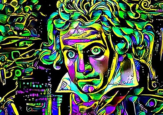 Wenn Künstliche Intelligenzen malen: So bunt der „Deep Dream Generator“ Joseph Karl Stielers Beethovenporträt im Pop Art-Stil.