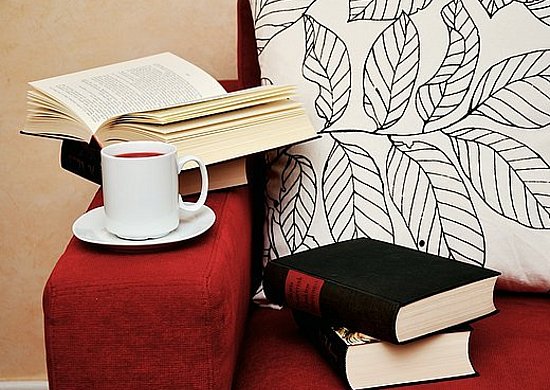 Bücher und Kaffee auf einem roten Sofa.