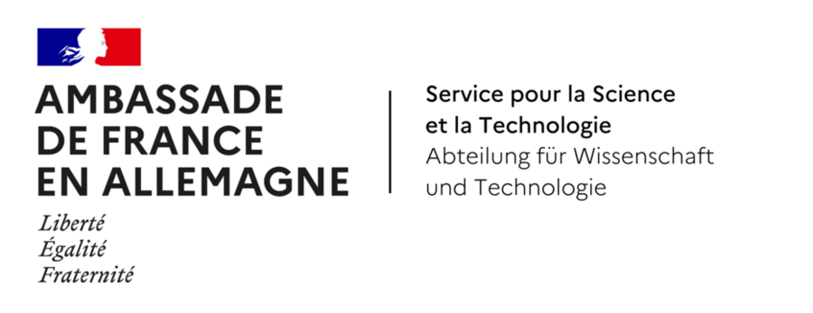 Logo der Französischen Botschaft in Deutschland. Folgender Text ist zu lesen: Ambassade de France en Allemagne. Liberté, Égalité, Fraternité. Service pur la Science et la Technologie. Abteilung für Wissenschaft und Technologie.